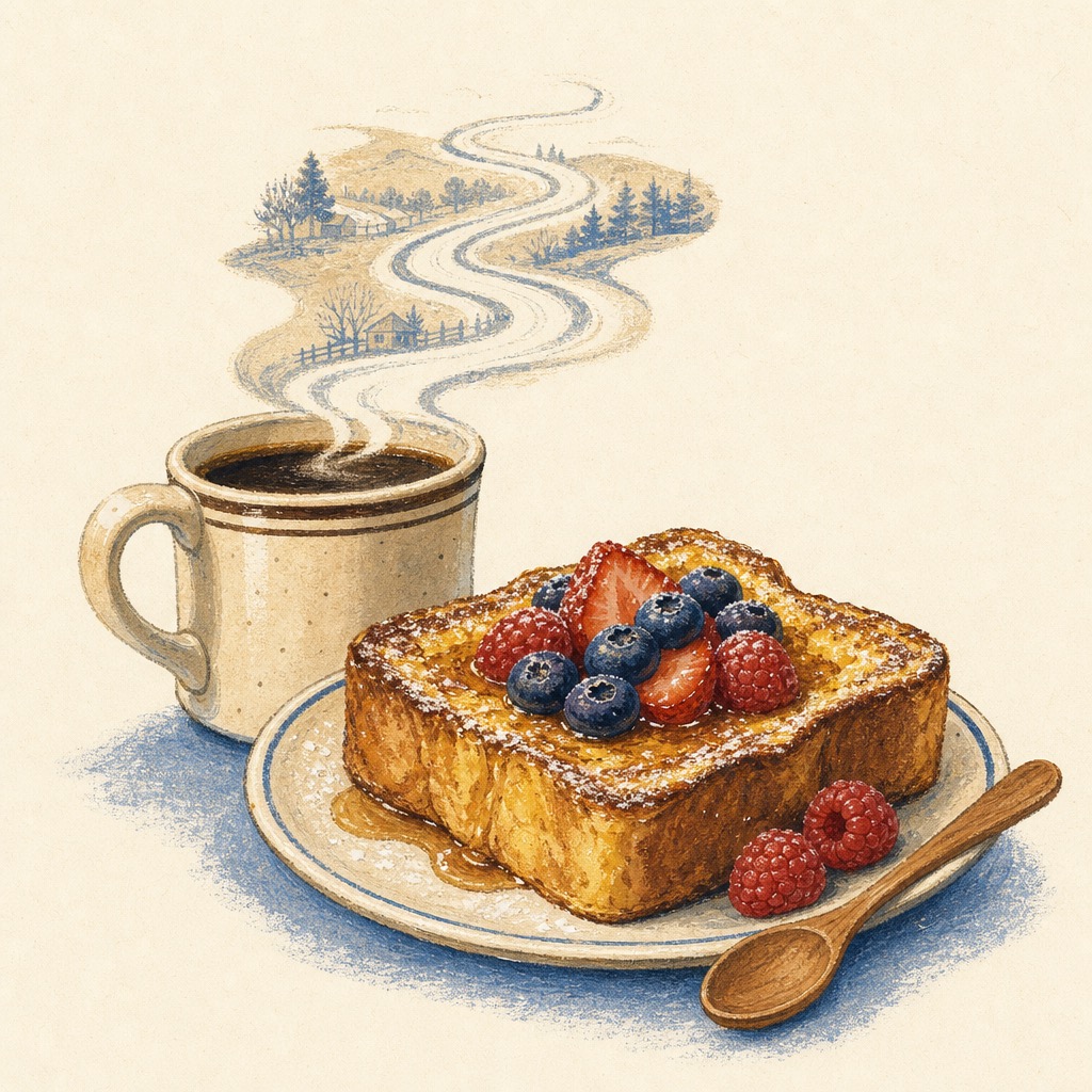 Original illustrated diner coffee and French toast with berry topping and rural road-shaped steam