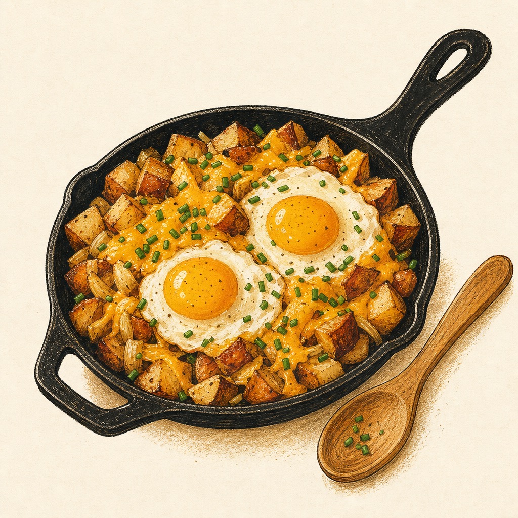 Original illustrated skillet with home fries, eggs, cheddar, chives, and a wooden spoon
