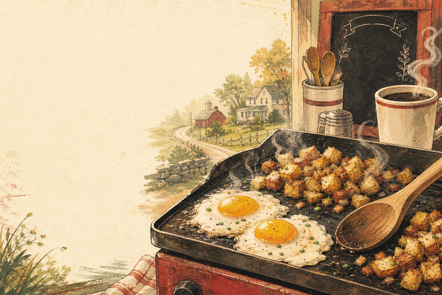 Original illustrated griddle with eggs, home fries, a wooden spoon, diner coffee, and a rural New England road